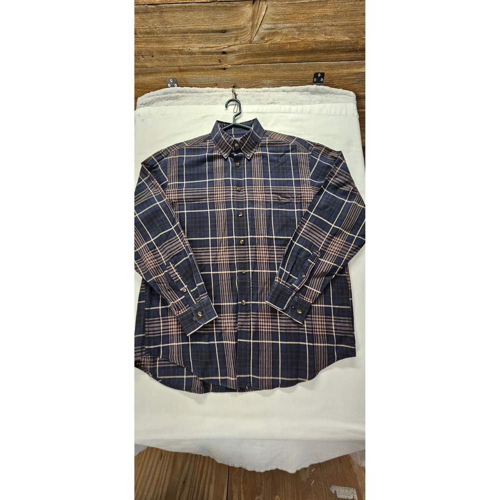 Roundtree & Yorke Mens Portuguese Flannel Shirt Navy Blue Plaid Button Down L